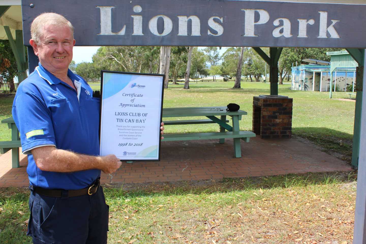 Patrick Green, President of Tin Can Bay Lions Club welcomes the Breastscreen Van to Lions Park, 45 Tin Can Bay Road, behind the Tin Can Bay Library