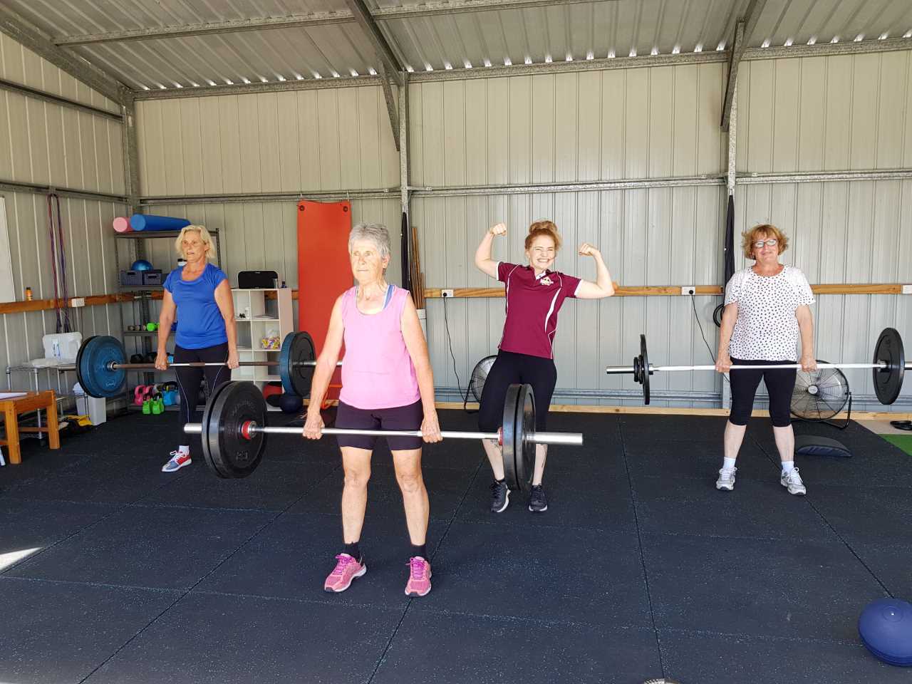 Physio Sue Bennett and trainer Gemma invite you to the Tin Can Bay Physiotherapy Health Club - here they are, working out with Jill and Shazz!