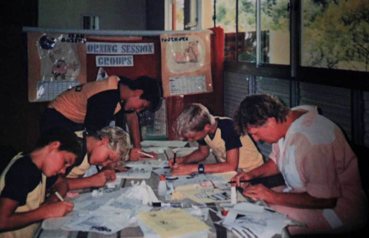 Working on what was to become Rainbow Beach Community News: David Arthur, Smiley Mick, Bradley Pike, Jake Parton and Mrs Robbo in 1989