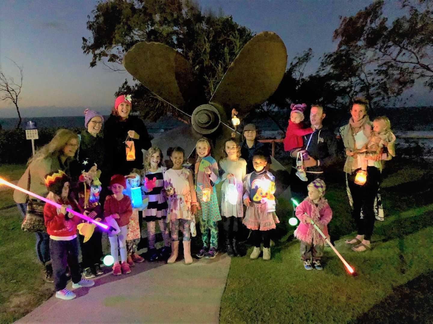 Lanten Walk - Back row (adults); Sallie, Organisers; Lucia Phelan and Corinna Apps, Sean holding Sofia, Brooke holding Banjo.