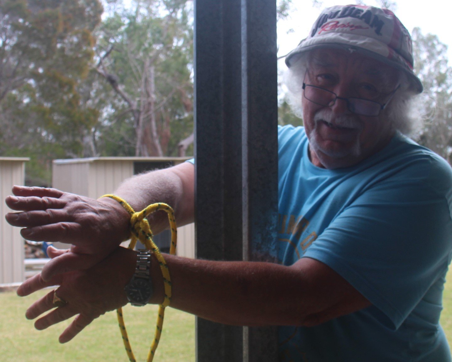 Mens Shed - Our dear Ol shed manager, Bryan Phillips, got knotted well and truly with his handcuff knot applied by course facilitator Mick Allman 