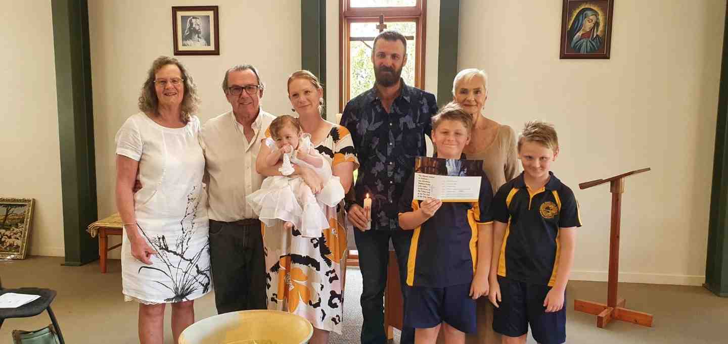 Lovely Nina Fierriera was baptised last month at the Catholic Church in Rainbow Beach surrounded by family and friends; Ann and Chris Thornton, Caralie and Carlos Ferreira, Solange Ferreira, baby Nina, Nay and Roy Ferreira. 