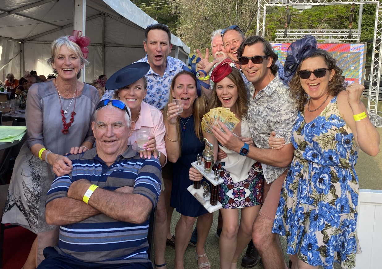 Cherie Mason, Ron Mason, Heatley Gilmore, Fiona Worthington, Lee Jones, Nigel Worthington, Danita Clark, Josh Mason, Michelle Gilmore finally won the Rainbow Cup! Michelle said: “After 15 years of living in Rainbow Beach we were delighted to have finally won the prestigious Rainbow Cup! Held every Melbourne Cup day at the Sports Club - this very serious event requires a jockey, a trainer for each steed - a hobby horse. What a fun day we had!”