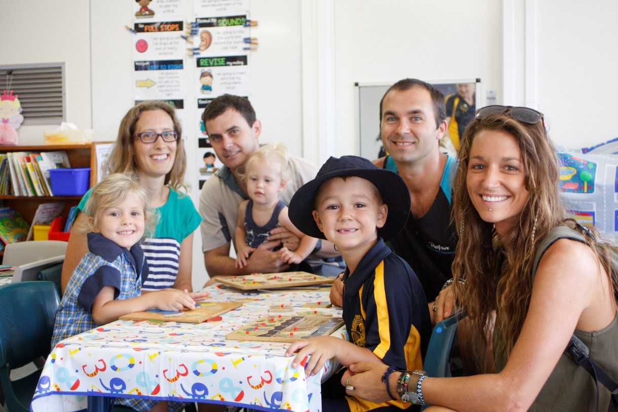 Isabel Phelan and Kai Riehl-Posadowski are smiling already as family watches on - Lucia, Grant and Olivia Phelan, Aaron Posadowski and Carla Riehl