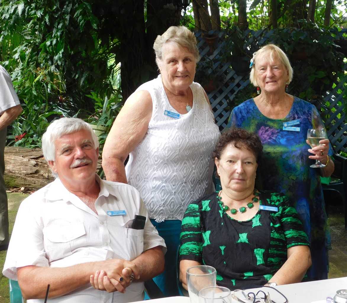 Probus members enjoying Changeover Lunch at Silky Oaks Tea Gardens, Kia Ora: Daryl and Ann Christie and standing, Cherryl Mossman and Judy Kiddle