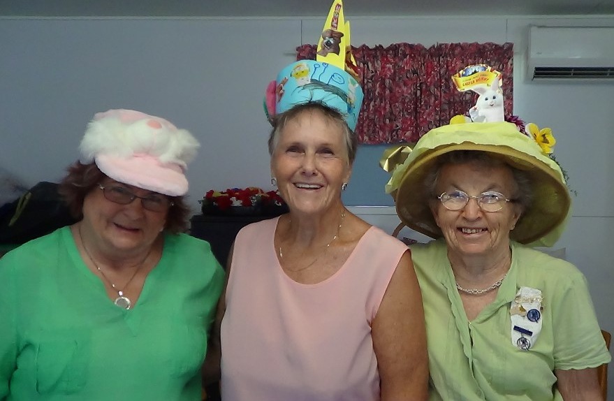 Linda Murphy, Lorraine Bishop and Elwyn Slaughter at an impromptu Easter Bonnet Parade produced quite a variety of headwear - which generated much laughter and cheer! 