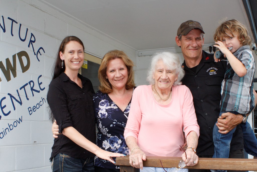 At the Rainbow Beach Adventure Centre’s new premises: Cassandra Perryman, Jessica, Anneliese and Greg Haring with his son Alexander 