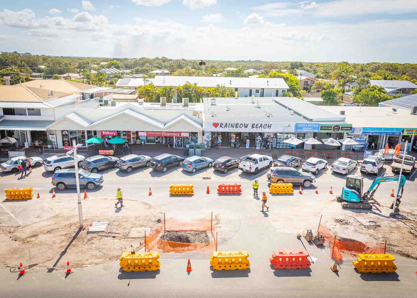 Birds eye view of works being undertaken on Rainbow Beach Road
