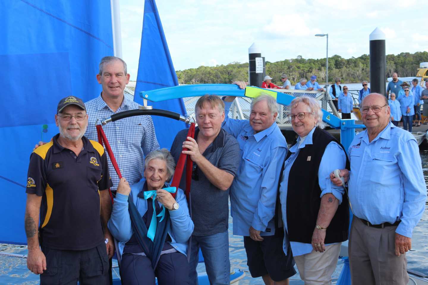 Sailability - Mayor cutting ribbon - Left to right: Dieter Voss, Mayor Mick Curran, Roma Ravn, Cr Mark McDonald, Paul Oliver, Raewyn Oliver, Arthur Hammond