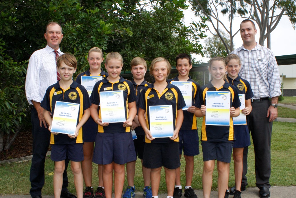 Our new captains  Back row: Mr. Tony Perret MP, School Captains Baillee and Flynn, Vice Captains Alex and Maddie, Principal Mr. Michael Grogan, Front row: Cooloola Sport Captains Tristan and Annie, and Fraser Sport Captains Talyn and Ruby