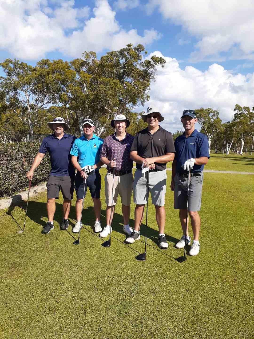 Gympie Visitors preparing to hit off on first tee at the Men's Open Day: Luke Kipping, Brad Morgan, Brendan Drew, Damien Perissinotto and Michael Smoothey