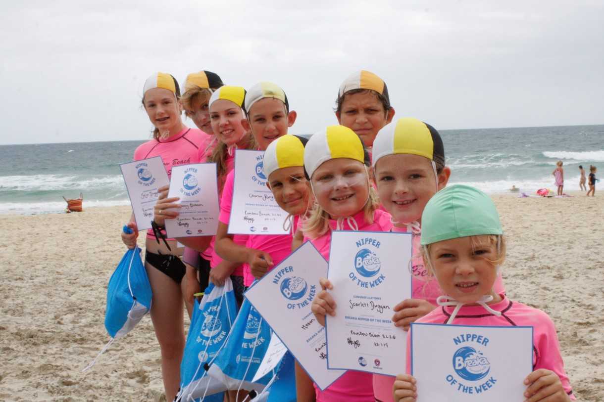 Breaka Nipper Awards recipients (from front to back): Ava Sheard, Scarlett Duggan, Mason Bignell, Alex Kingsley, Archie Gilmore, Charlie Kingsley. Casey Dobson, Zac and Jorja Duggan. Absent: Lotte Klein and Tiahna Misso.