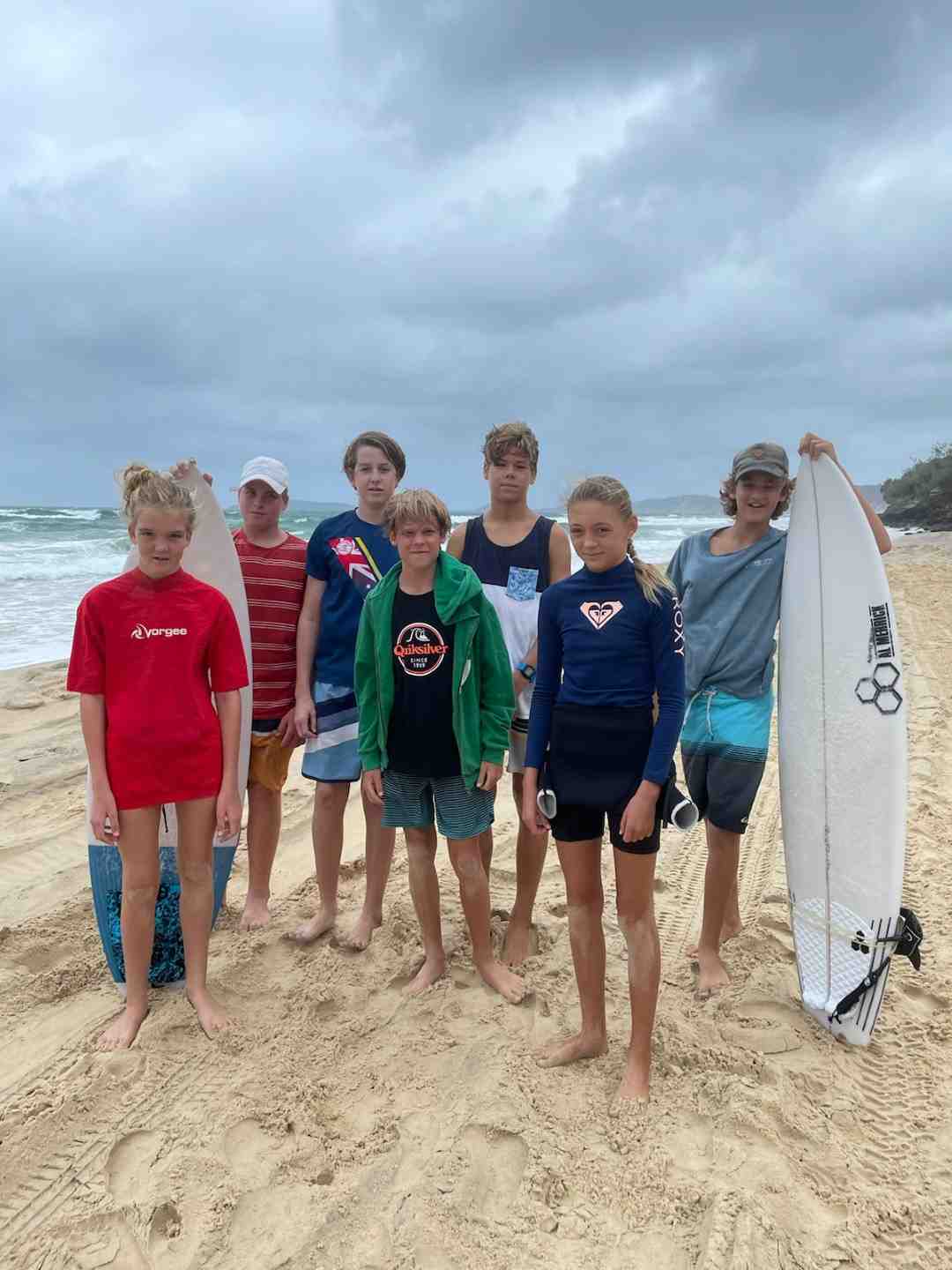 Joel, Nathan, Jim, Rory, Fred, Tabitha and Jahli. Joel, Fred and Rory were successfully chosen for the Wide Bay Surfing Team