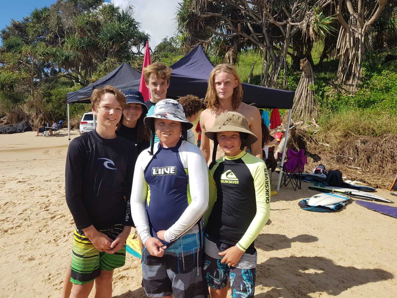 Kaleb Crowe (St Patricks College), Rory Mick and Josh Pamenter, and behind: Ella Pamenter, Zac and Izaac Cole - all Cooloola Coast kids competed in their home ‘beach’ for the Wide Bay Trials last month