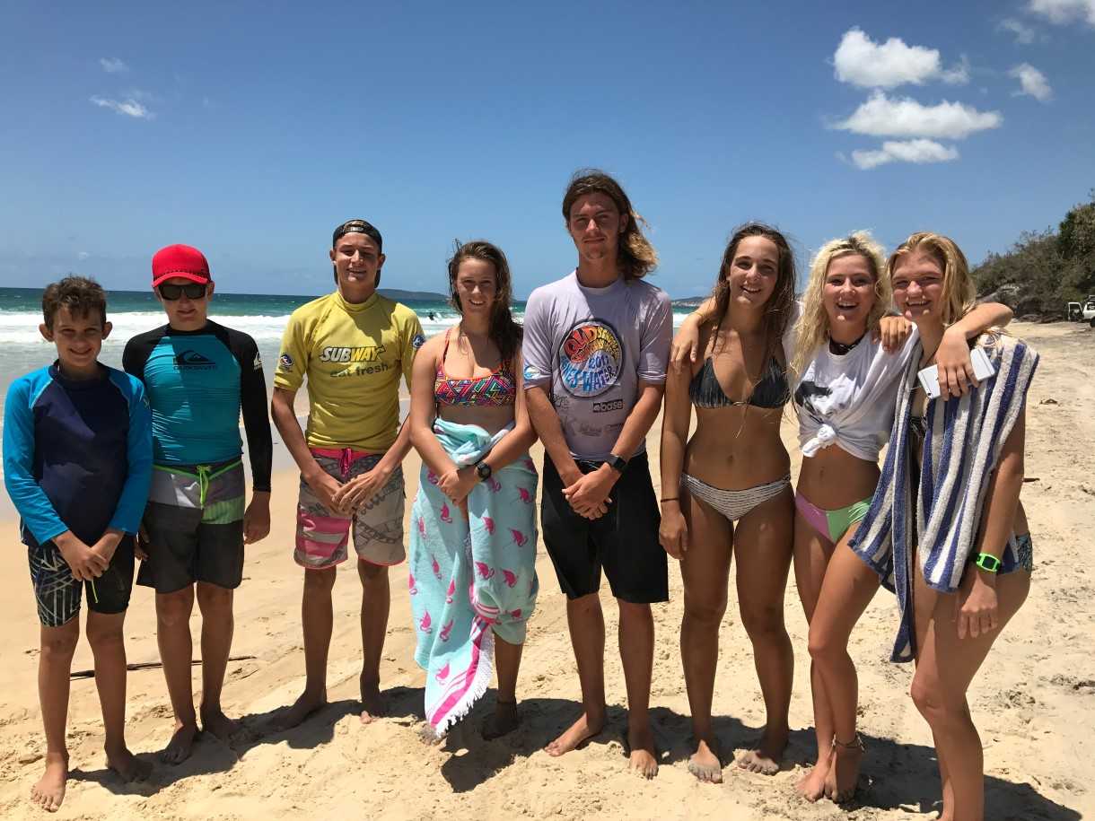 Charlie Kingsley, Zac, Zack McCarthy, Hannah Wilson, Nicholas White, Ella Steele, Chloe-lee Kelly, Cyndari Parton were part of the squad representing Gympie Region at the Wide Bay School Surfing Competition