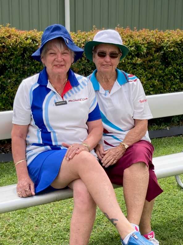 Tin Can Bay Bowls Club’s Susan Kay with a Caboolture visitor