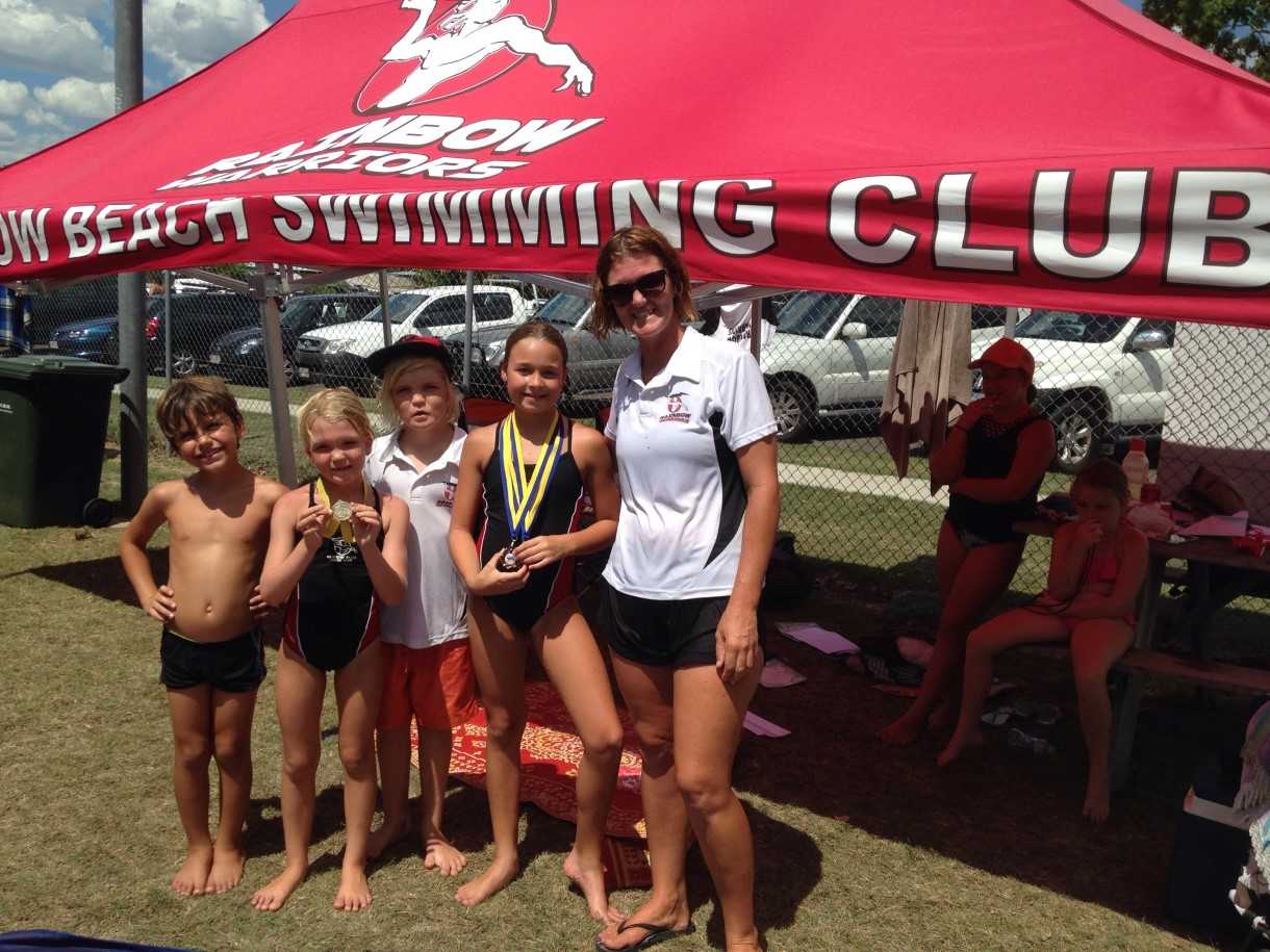 Ari Skennerton, Jahli Parton, Seth Parton, Angelica Geurts with coach Bj Parton at the Kilkivan swim meet