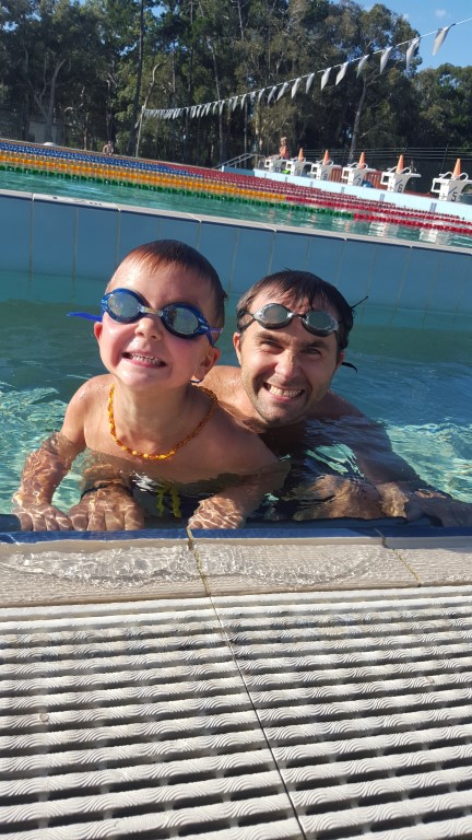 Kai and his dad Aaron ready for swim lessons