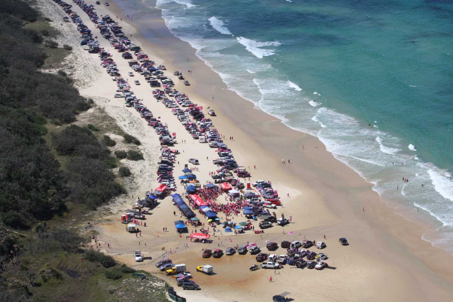You can see from this Pink Run fundraiser, that generally Teewah Beach has plenty of sand for vehicles, unlike last Easter, where wash-outs have provoked a Noosa bureaucracy. The Pink run is on October 20 for 2018 - Image taken on board Rainbow Beach Helicopters