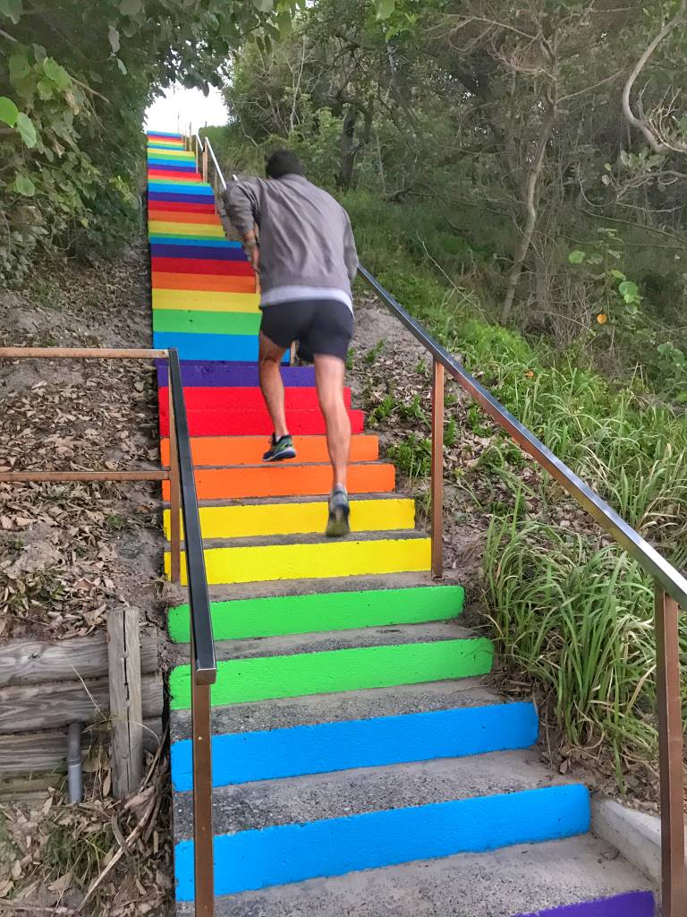 Well done, Team Rainbow. The stairs leading to the patrol tower and beach from  Lawrie Hanson Park were painted in the colours of a rainbow, last month. When this photo was taken, delighted German tourists were photographing the steps.