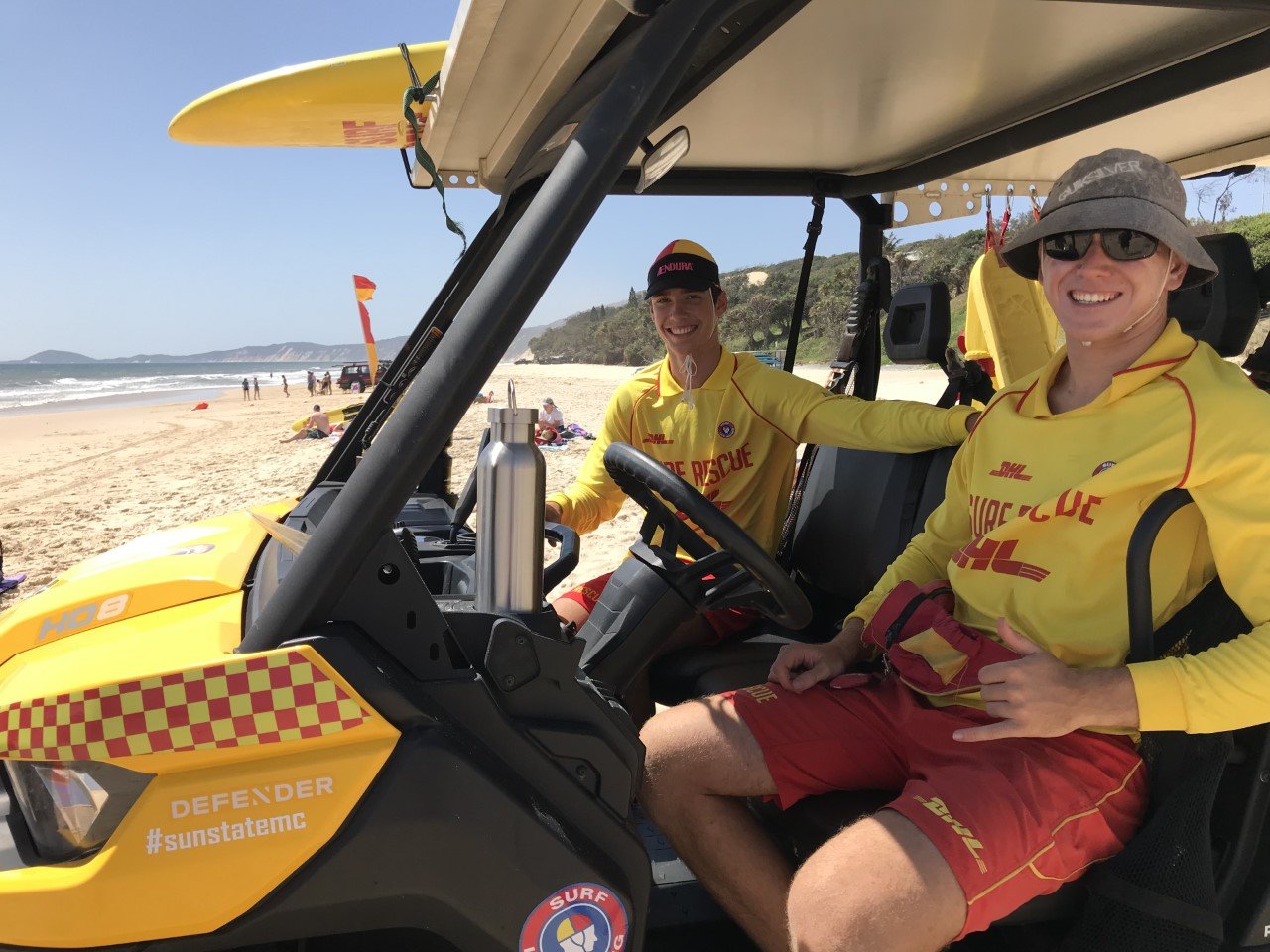 Alex Brantz and Anton Klekar on patrol and members of the Rainbow Beach Surf Club 