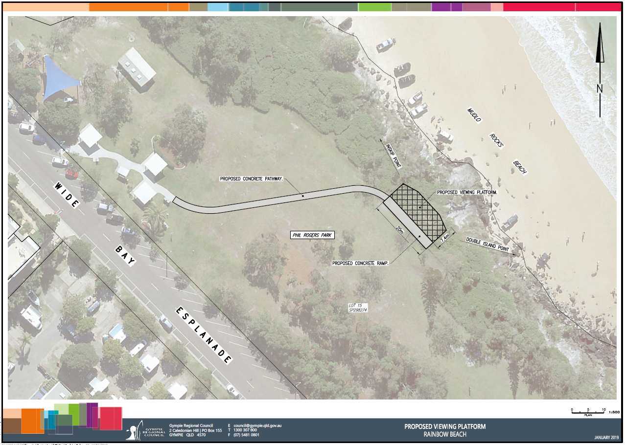 The proposed location of the viewing platform is shown on this map of Phil Rogers Park at Rainbow Beach