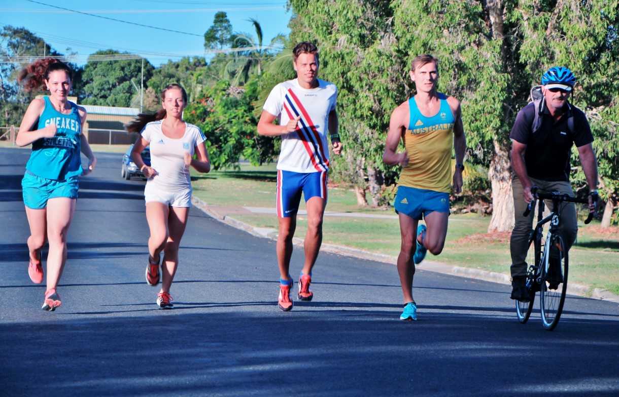 Lara Simpson, Christina Papadopoulos, Havard Haukenes, Dane Bird-Smith and Coach David Smith putting in the hard yards at Rainbow