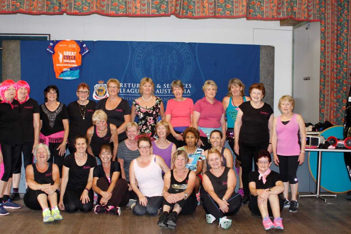 Emillia - surrounded with her devotees who make the Thursday pilgrimage to Zumba - and the Gympie Zumba ladies are keen to re