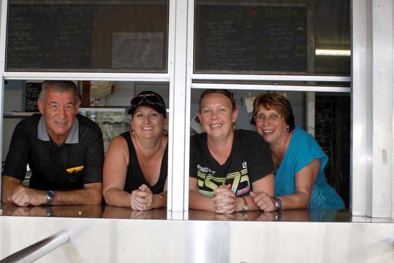 Phil Davey, Bec Reibel, Megan Grove and Annette Davey are asking for help in the tuckshop!