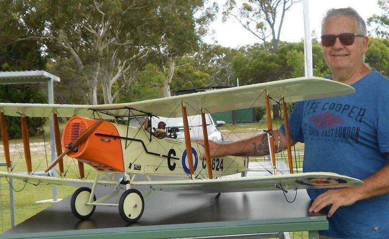 Dave Carkeek with Neil Low’s model Bristol F2B, which first flew in 1915 - the best British fighter to come out of World War