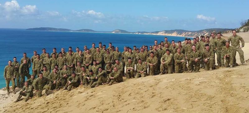 Bravo Company 8/9 RAR assemble on Carlo Sandblow after their 70km of pack marching