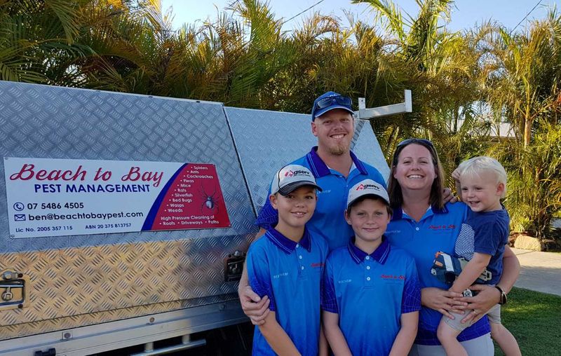 The awesome Andrews family from Beach to Bay Pest Management - young Wyatt and Angus with parents Ben and Cassie and little b