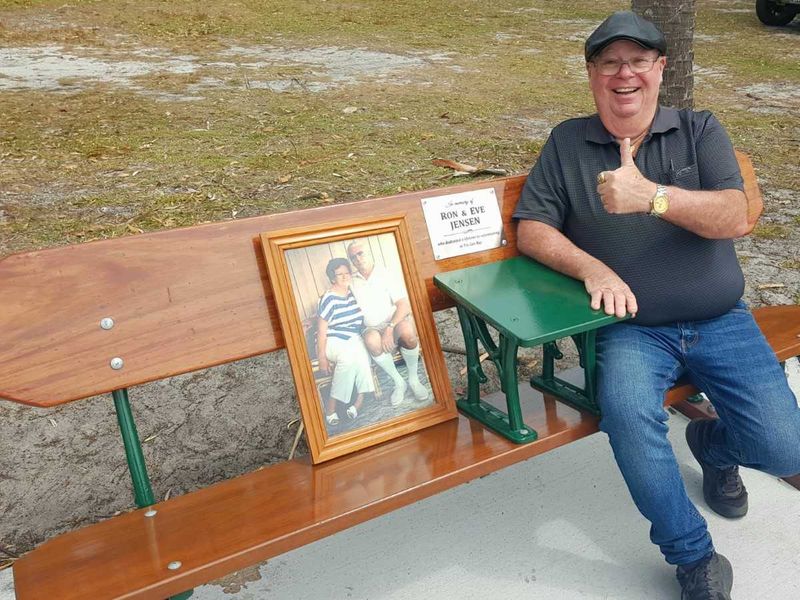 Bronco Jensen on the seat dedicated to his parents, Ron and Eve Jensen