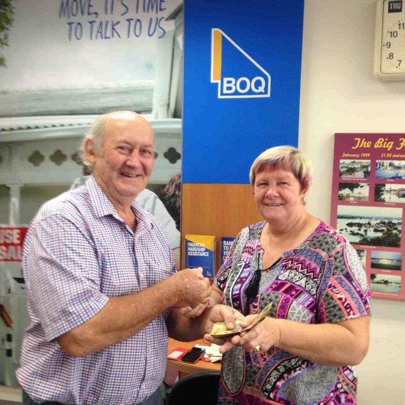 Tony Stewart donates $500 to feed the homeless with Coordinator Marlene Owen in Gympie