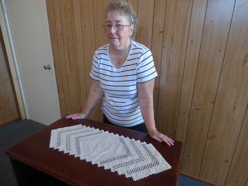 Pat Smith with her Hardhanger work