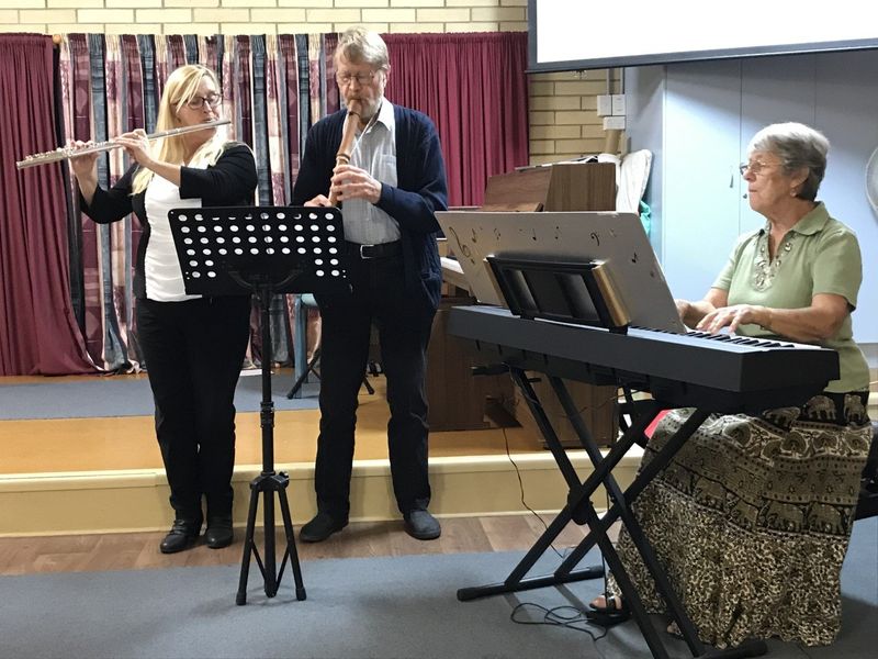 Debbie, Len and Pam playing the theme song from the film Titanic: My heart will go on, with flute, tenor recorder and piano