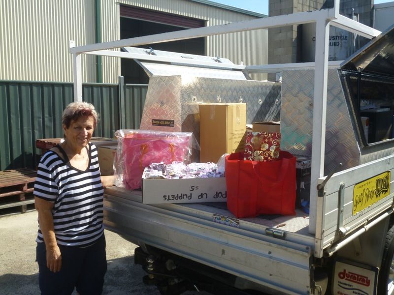 Marilyn Dean collected goods for farmers to load on Tonys Stewart's Ute - ready to transport to Longreach