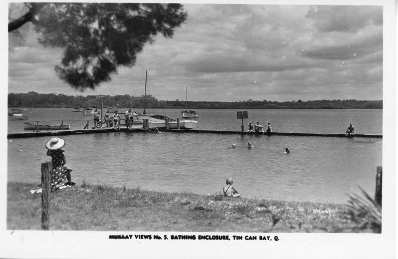 Many children, like Mary Potter, learnt to swim at the Tin Can Bay Bathing Enclosure in the 1950s illustrated on a Murray Vie