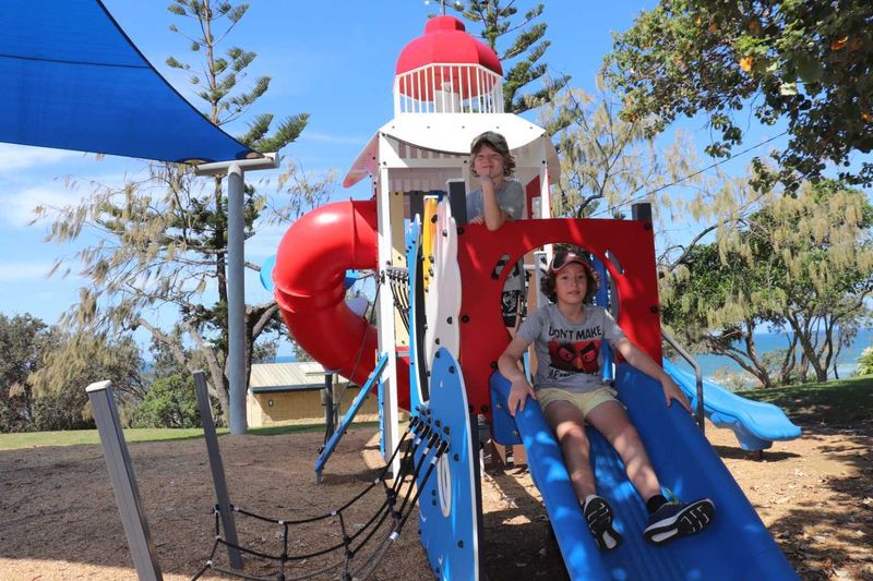Reuben and Max O'Brien from Maryborough try out the new play equipment at Phil Rogers Park