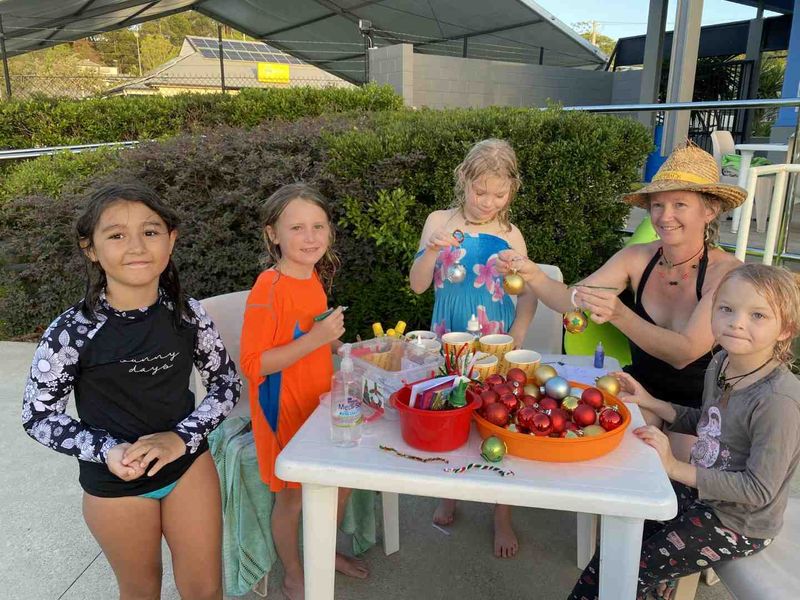 Fun at the Rainbow Beach Aquatic Centre with Maya Dinoia, Frances Hanlon and holiday goers Rebecca Ward with her children Ren