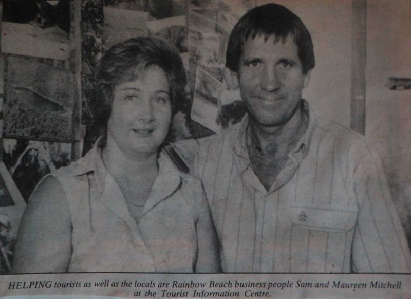 Then (1989): Maureen and Sam Mitchell are proudly 30 years in the one business - Rainbow Beach Tourist and Information Centre