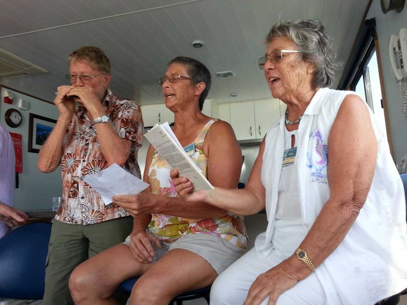 Music Plus regulars and Cooloola Cove waterwatchers and entertainment - Len, Nancy and Pam were onboard the Coastcare end-of-