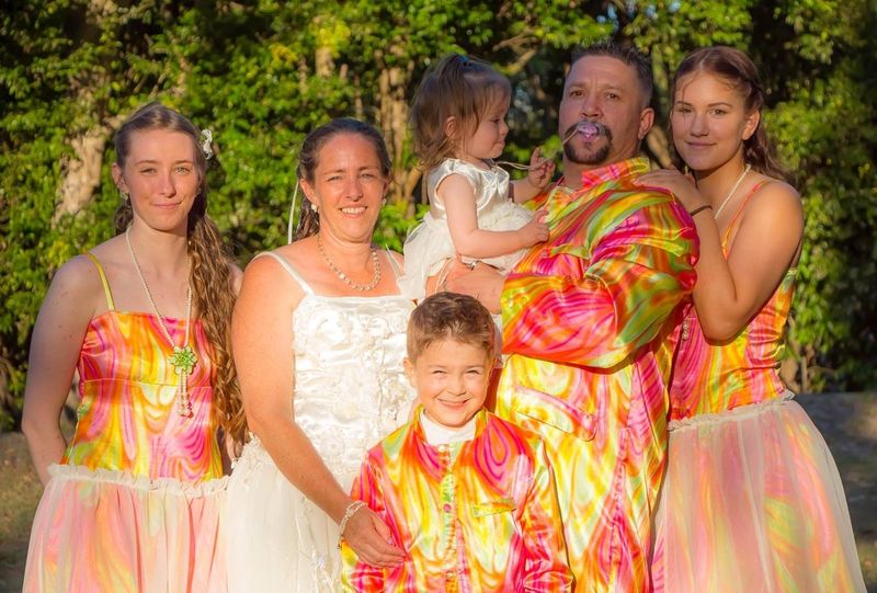 A rainbow wedding for Clay and Tania Preston with family Iesha Jones, Brodie, Nikkita-Rose, and Kiera-Lee Preston Image Dan D