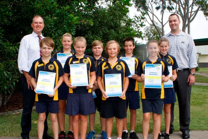 Our new captains Back row: Mr. Tony Perret MP, School Captains Baillee and Flynn, Vice Captains Alex and Maddie, Principal Mr
