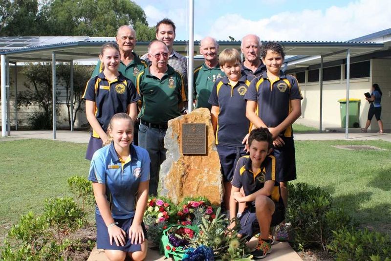 RSL members Bob Bliss, Joe Casey, John Molkentien and Barry Hogan attend the ANZAC ceremony with principal Michael Grogan and
