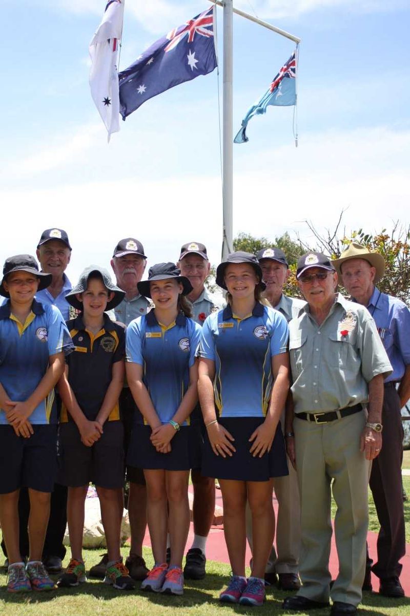 Rainbow Beach RSL Sub Branch members Bob Bliss, Trevor Ansell, John Molkentien, Pat Nayler OAM, Len Vickery, with (front) Rai