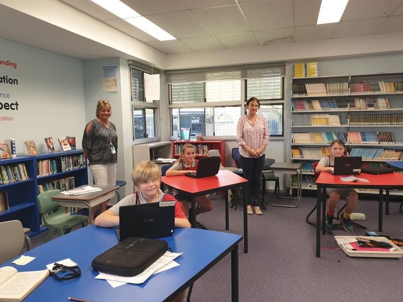 A few of the students from Tin Can Bay School, learning in these unusual times - Ms Evelyn, Keenan, Shae, Mrs Turner and Tabi