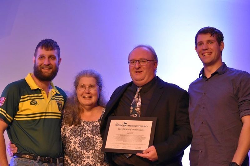 Reverend Scott Lucas with wife Donna, and sons Caleb and Alex at Scotts Official Ordination