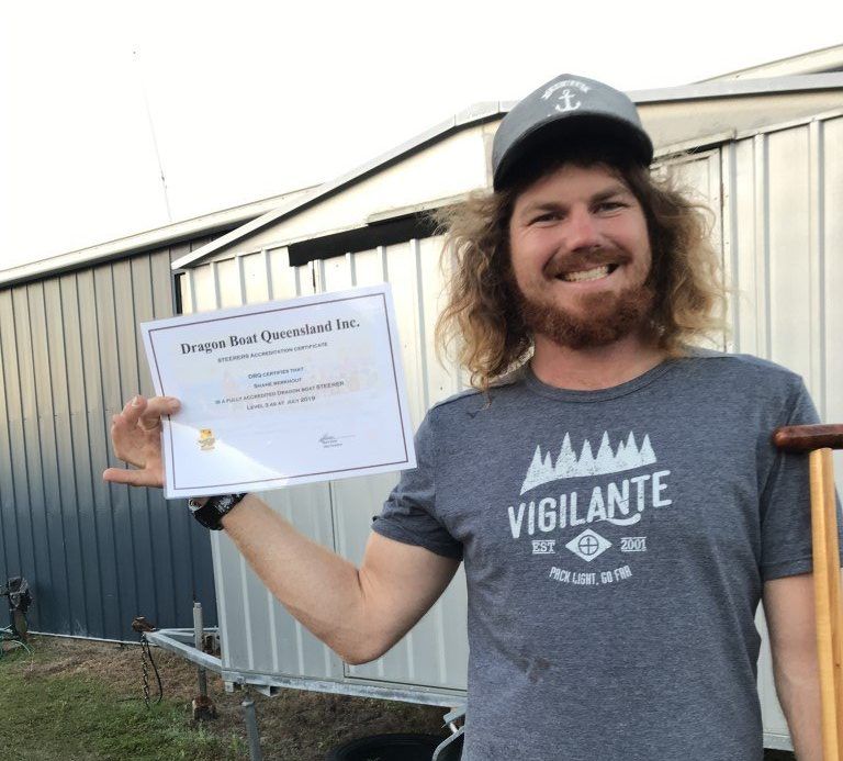 Assistant coach Shane Berkhurt celebrates his accreditation as sweep/steered from Dragon Boat QLD