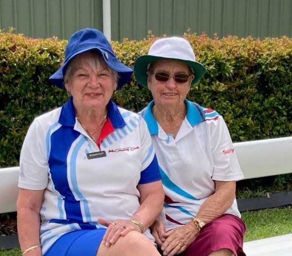 Tin Can Bay Bowls Club’s Susan Kay with a Caboolture visitor